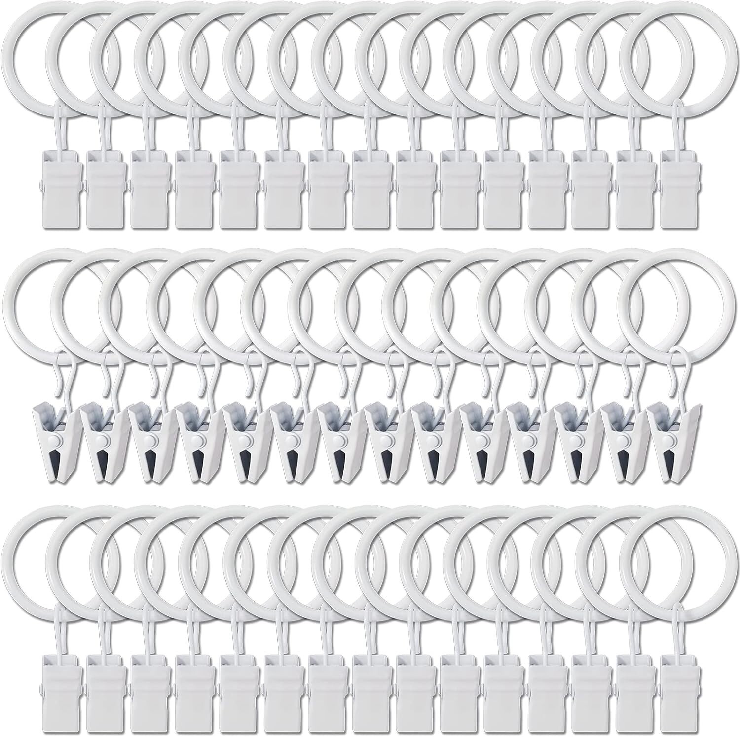 44 Pack Metal Curtain Rings with Clips 1 Inch I D Fits 6/8 Inch Rod White