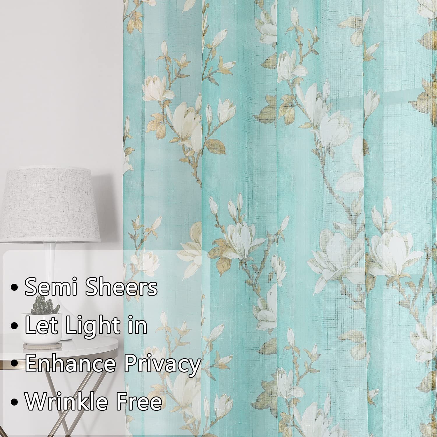 Turquoise Sheer Curtains 63 inch Length 2 Panels for Living Room,Floral Semi …