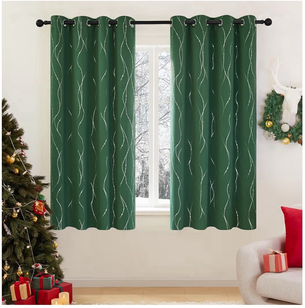 Deconovo Grommet Blackout Curtains Silver Print 52W x 63L in Wave Line 2 panels