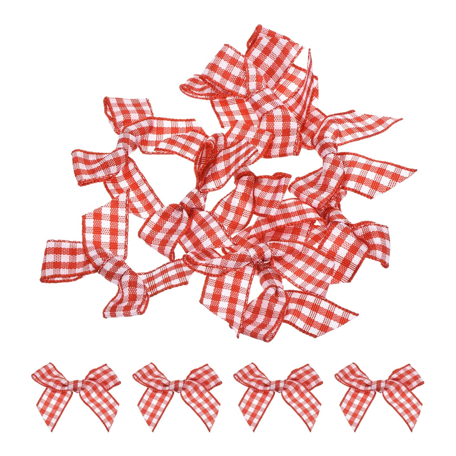 10 PCS Mini Gingham Ribbon Bow 1.5 Inch Checkered Fabric Satin Red White