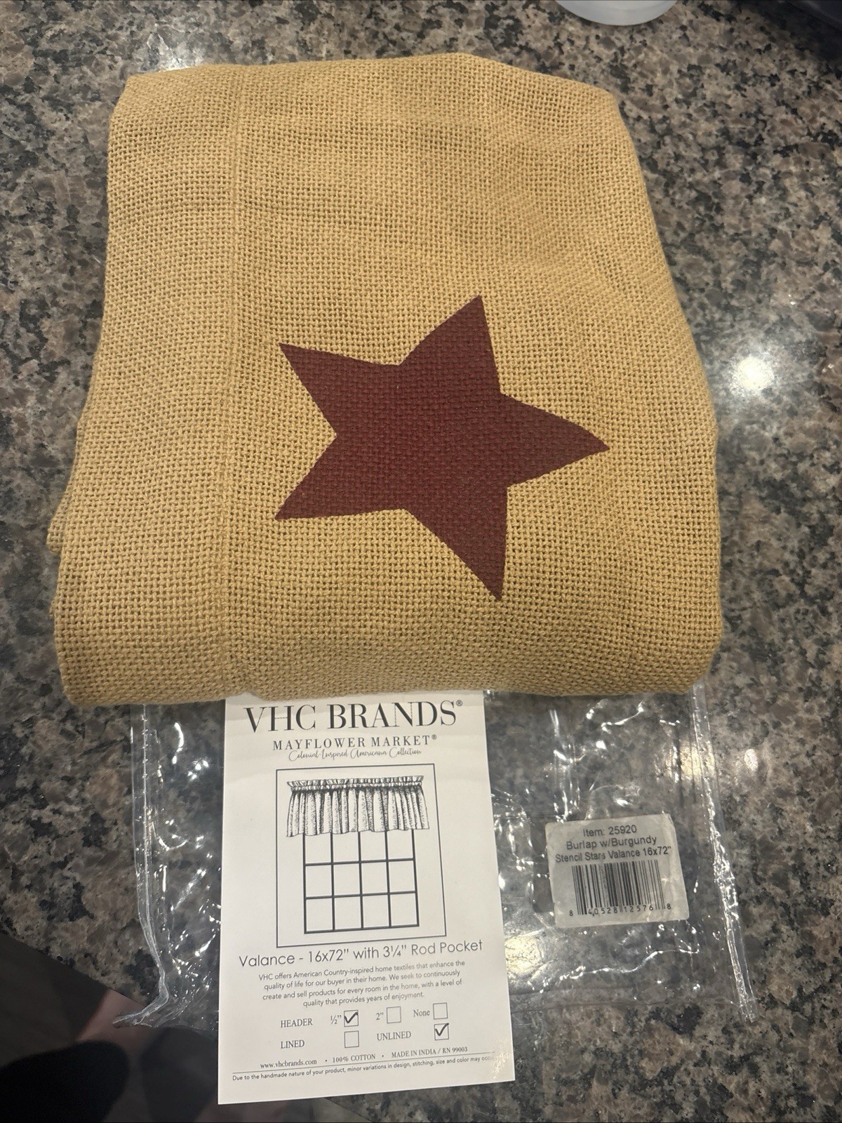 72″ W Rustic Window Valance w/ Burgundy Red Stencil Stars Natural Cotton Burlap