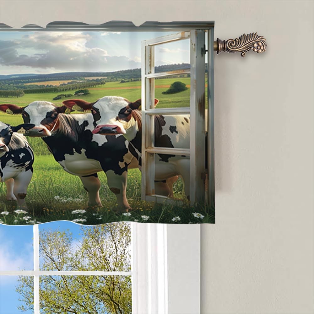 1 Panel Cow Farmhouse Valances for Windows, Floral Rustic Animal Grassland Ro…