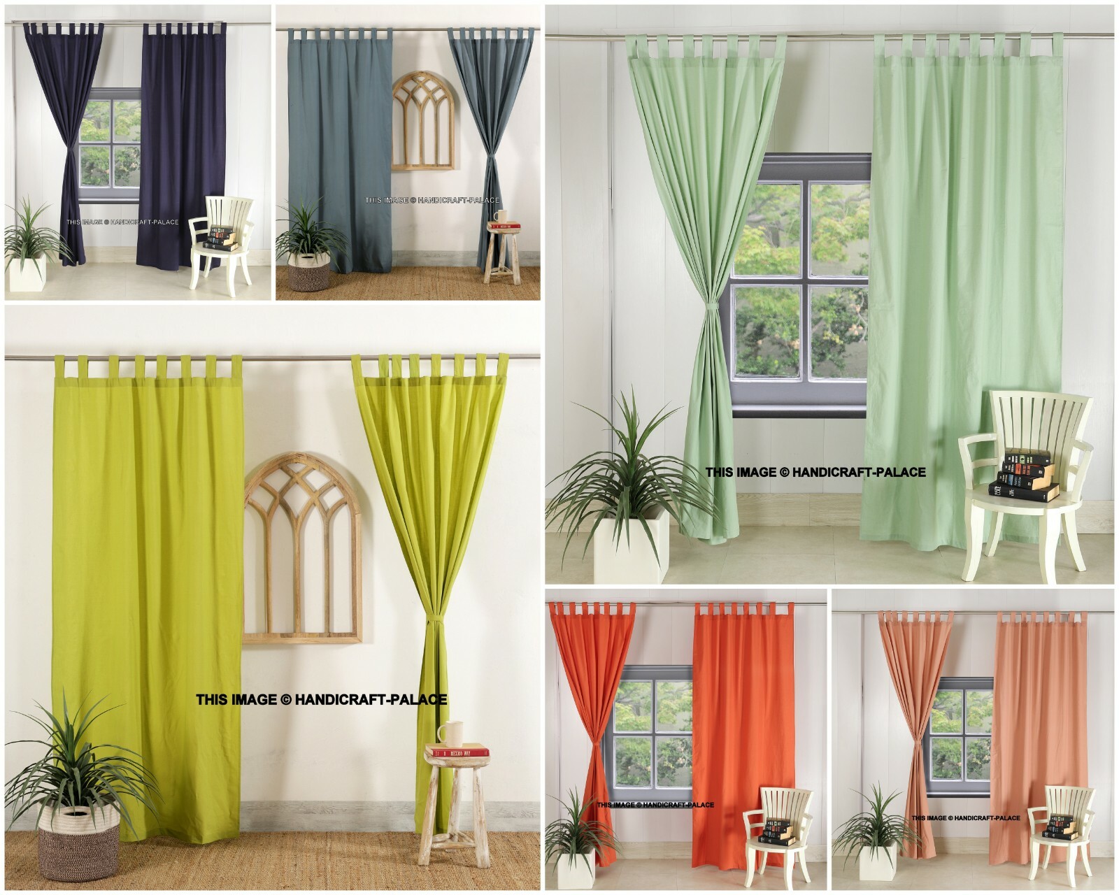 2PC Solid Cotton Curtain Indian Handmade Tab Top Blackout Room Door Curtains Set