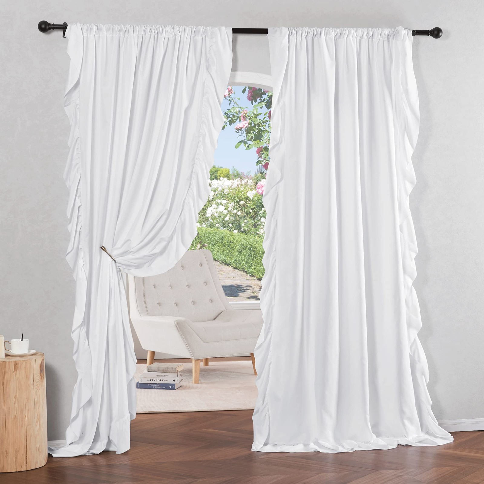 White Ruffle Curtains 84″ Shabby Chic Farmhouse Bedroom Rod Pocket Panel Set