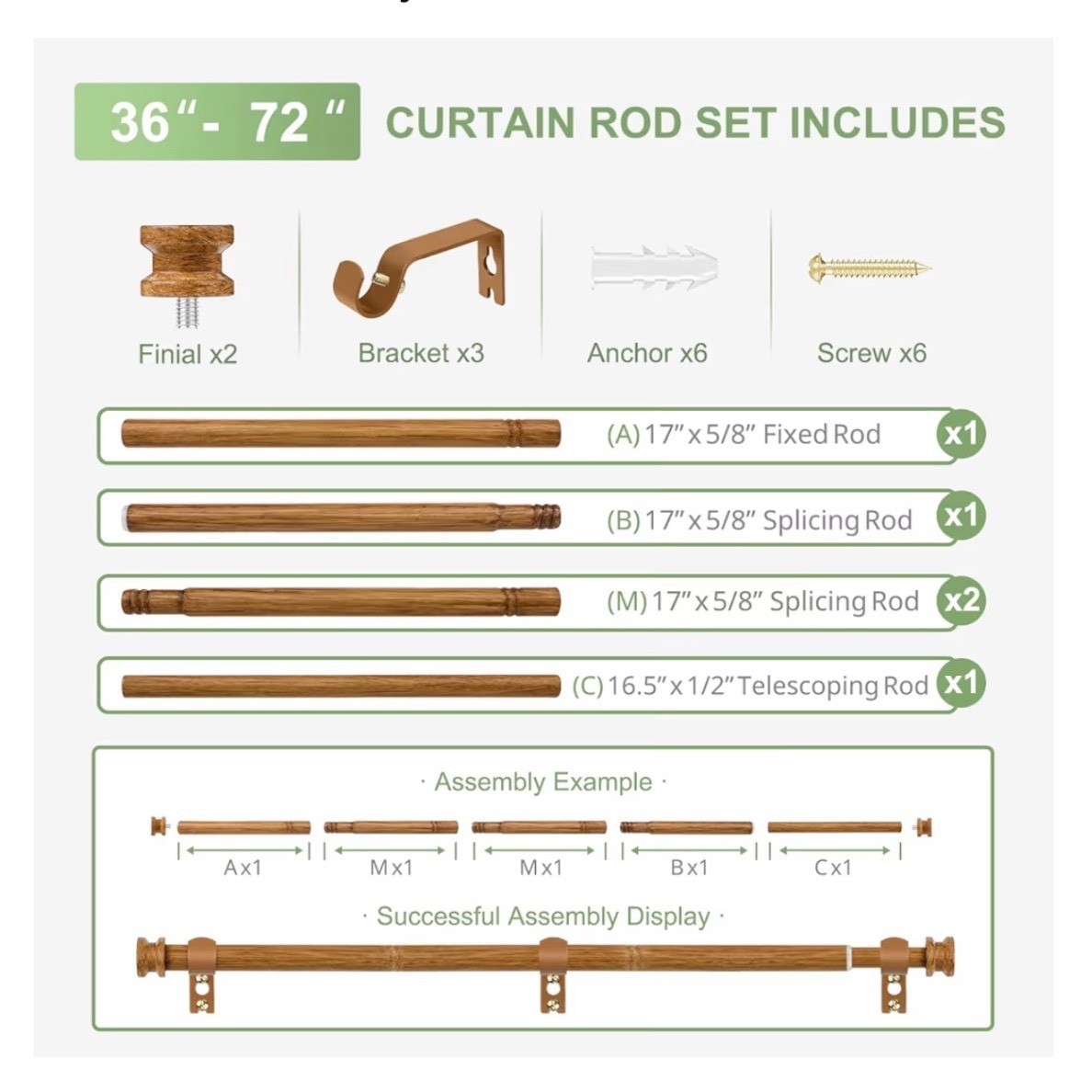 TKZTKZ Faux Wood Curtain Rod Adjustable 36-72 Inch Metal Farmhouse Boho Brown