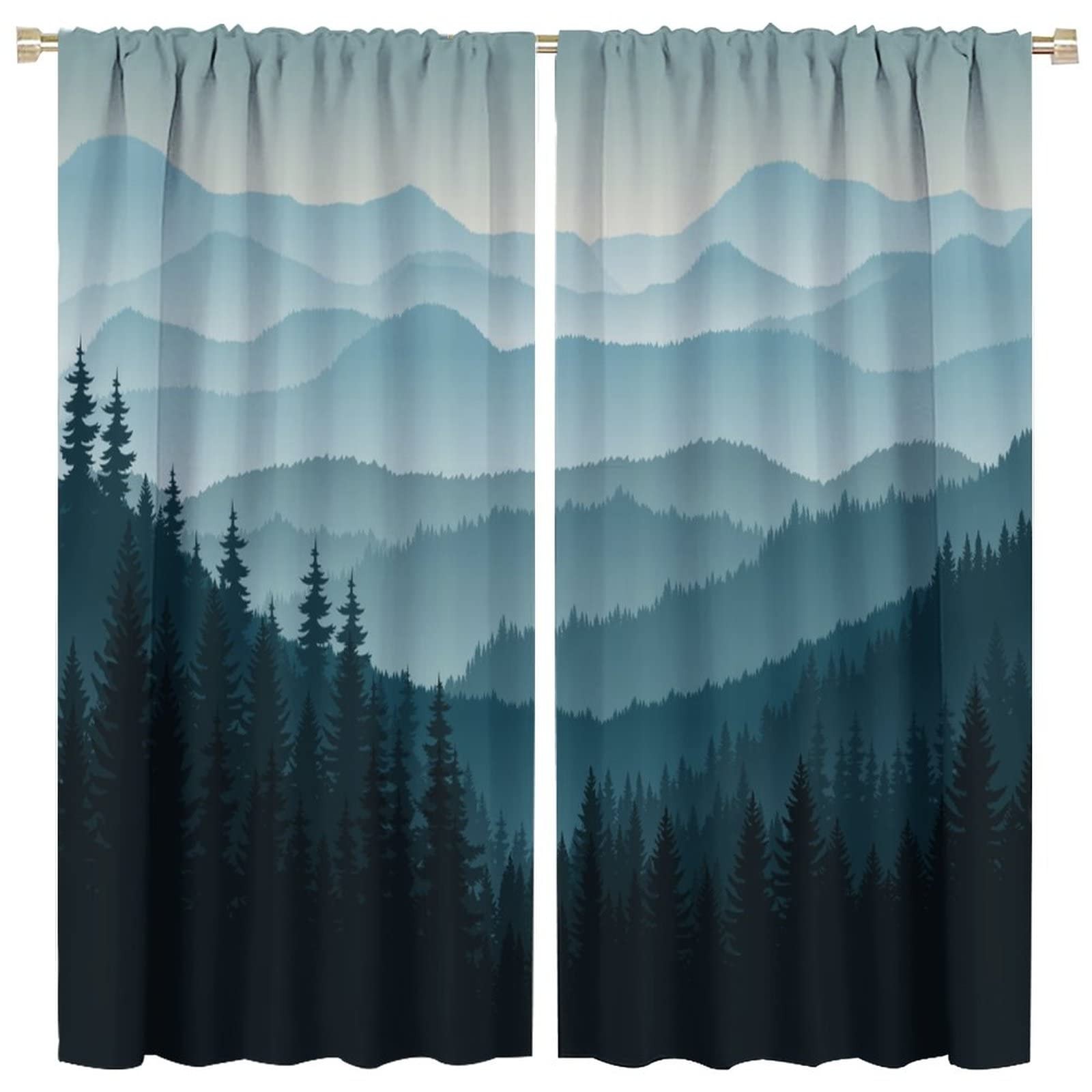 Mountain Blackout Curtains Misty Forest Nature Woodland Scenery Landscape Art…