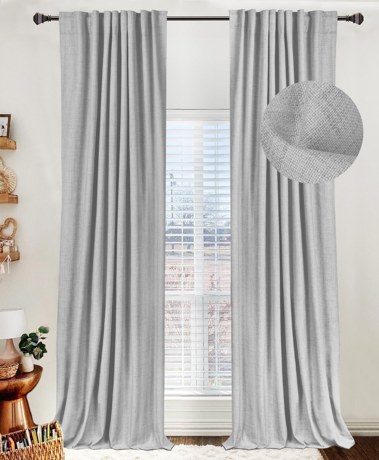 Blackout Shield Linen Curtains 50×102″ Grey 2 Panels Room Darkening Thermal