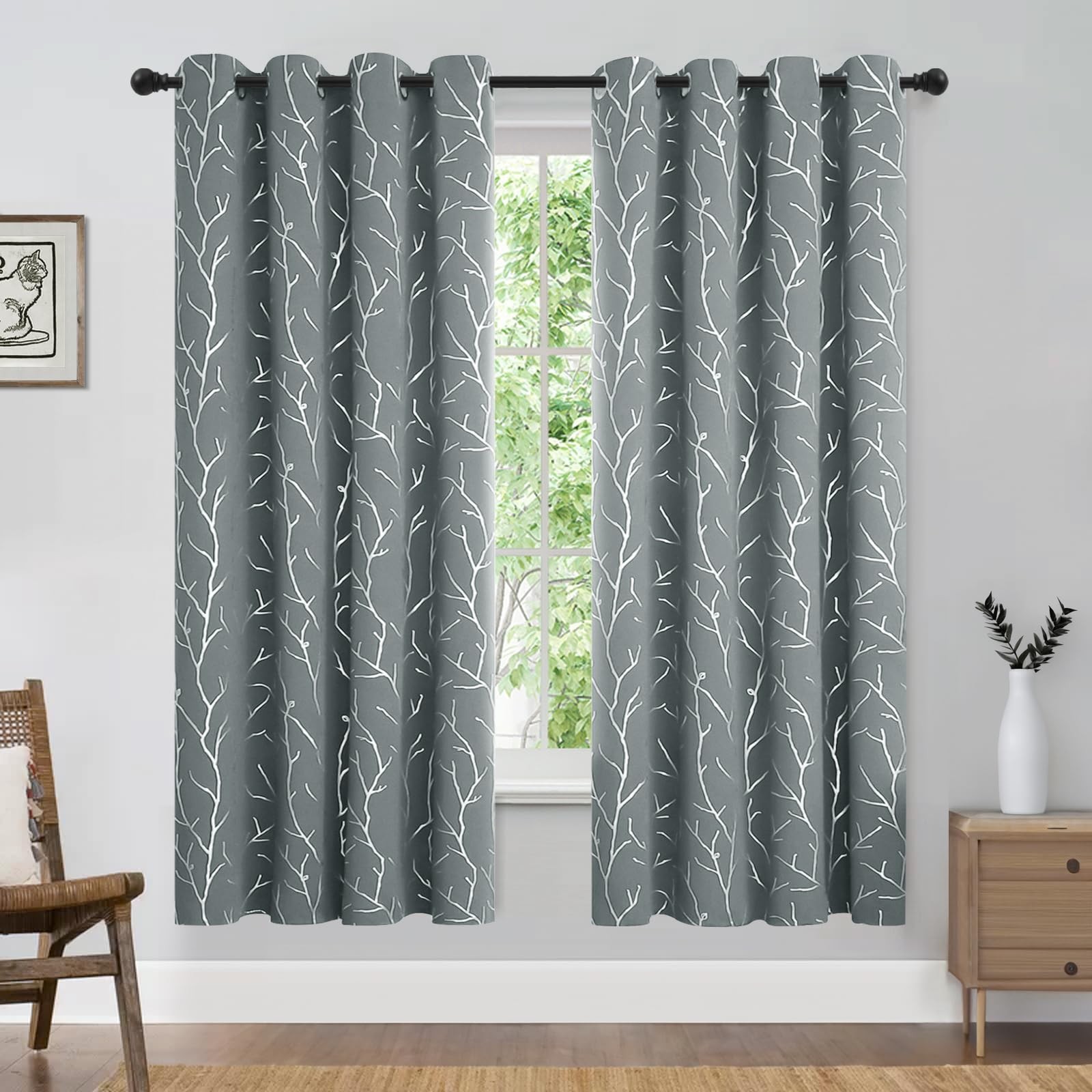 Buhua Blackout Curtains Silver Foil Print Tree Branches Grommet Drapes Room