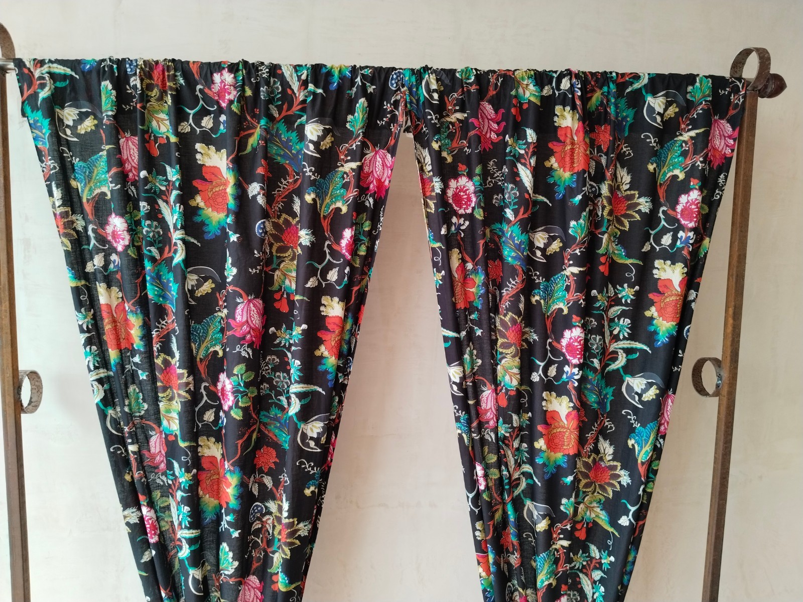 Black Floral Cotton Curtains – Semi Sheer – Handcrafted – 2 Panel Set forAnyroom