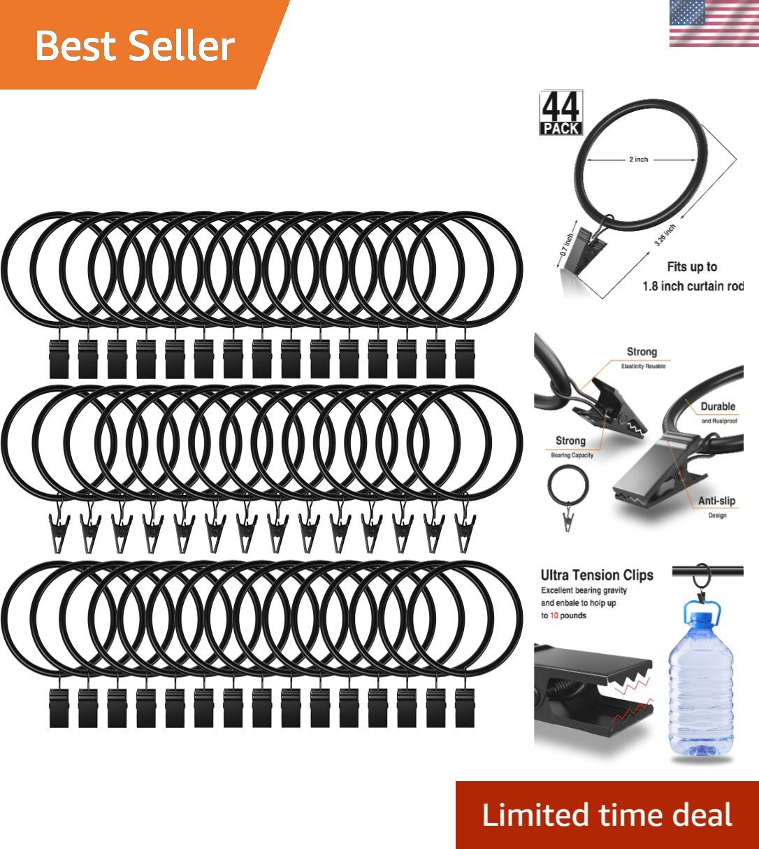 44-Pack Curtain Clips with Durable Stainless Steel Rings – Vintage Black