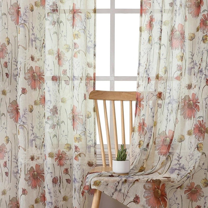 Crushed Sheer Floral Curtains Semi Sheer Light Filtering Privacy Window Panels
