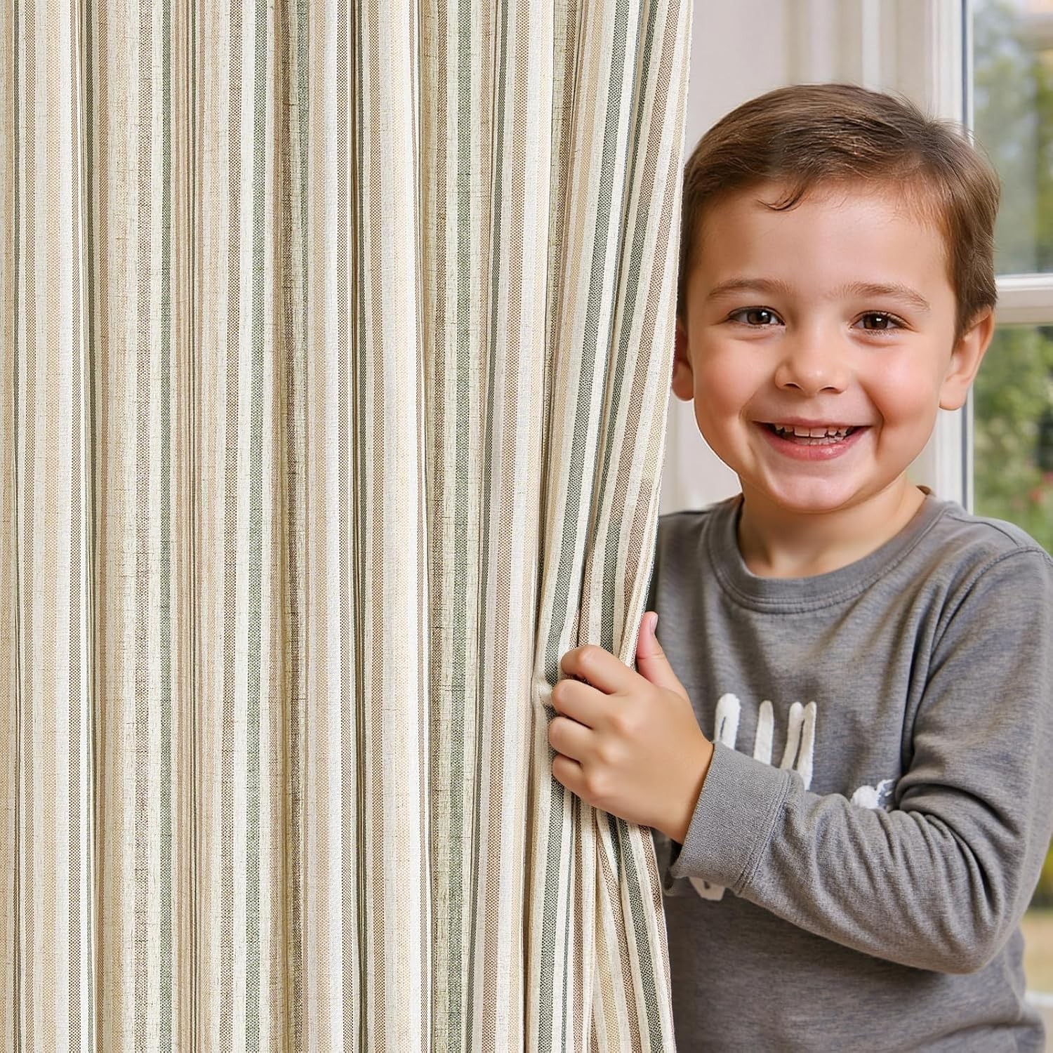 Charming Striped Grommet Curtains for Kids Room – Multi Green & Beige 2 Panels