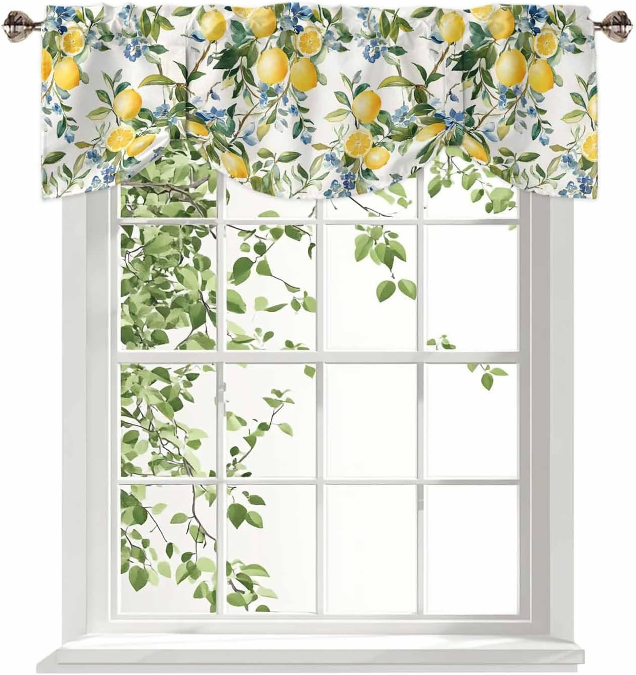 Tie-Up Window Valance Watercolor Lemon Floral Short Curtain 42″x12″ Kitchen