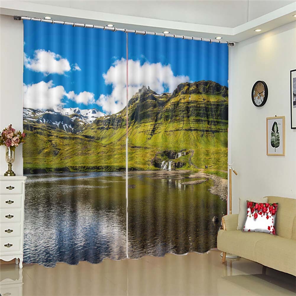Green Grassland Clouds 3D Curtain Blockout Photo Printing Curtains Drape Fabric