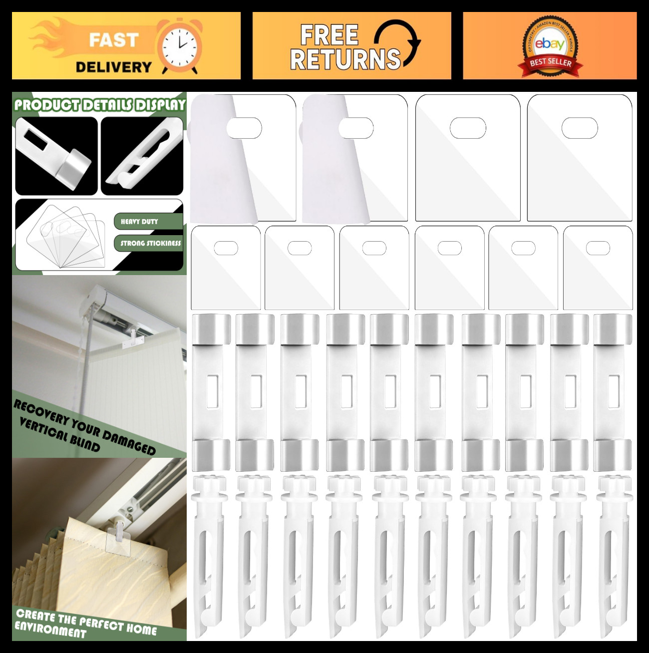 80 Pcs Vertical Blind Repair Kit – 40 Clear Tabs, 20 Stems, 20 Clips for Easy Re