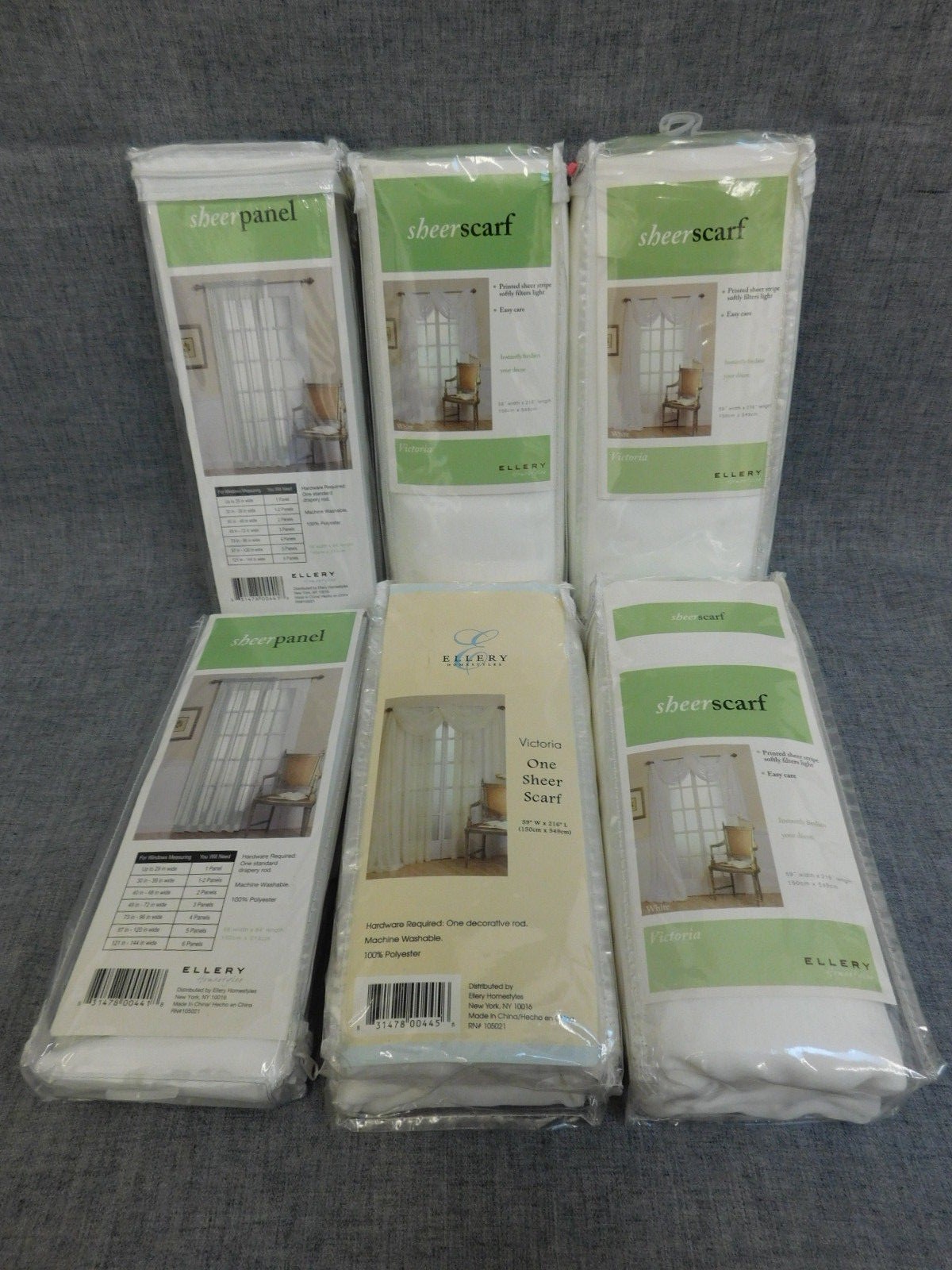 ELLERY HOMESTYLES VICTORIA SET 4 WHITE SHEER SCARVES & SET 2 WHITE SHEER PANELS