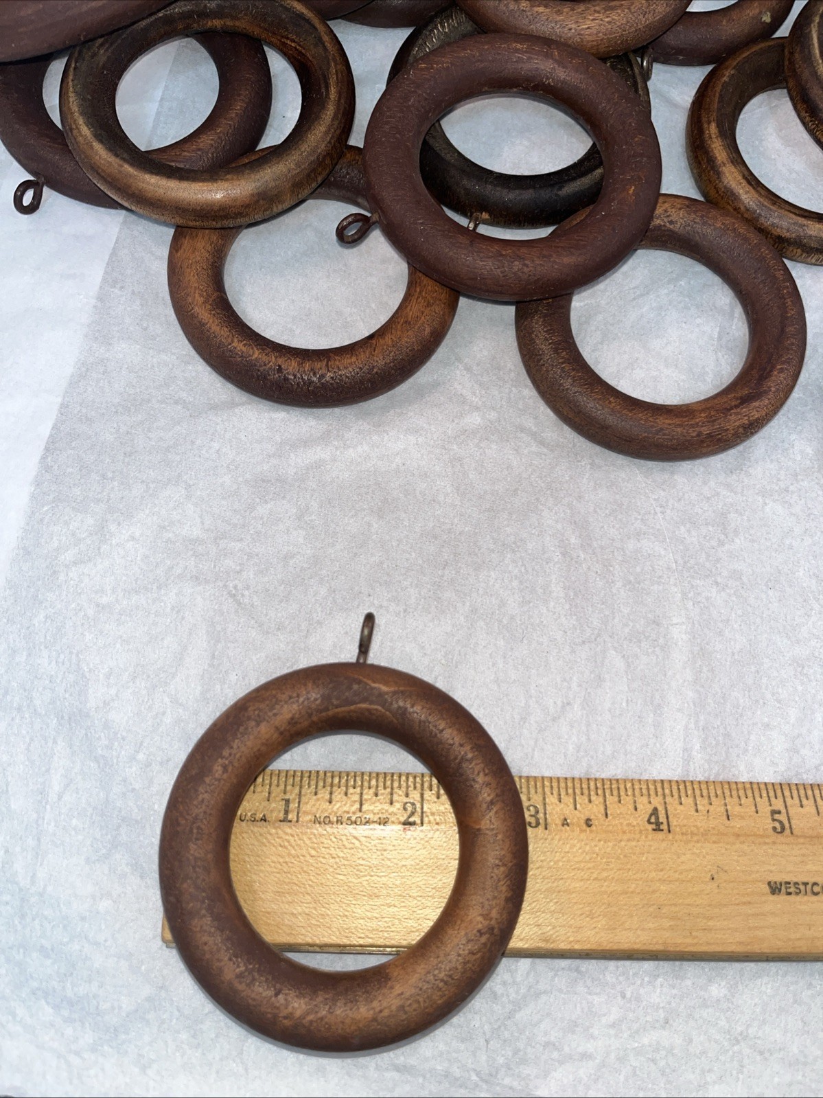 35 Vintage Dark Wooden Curtain Drapery 2.75” Round Rings Metal Eye Hooks