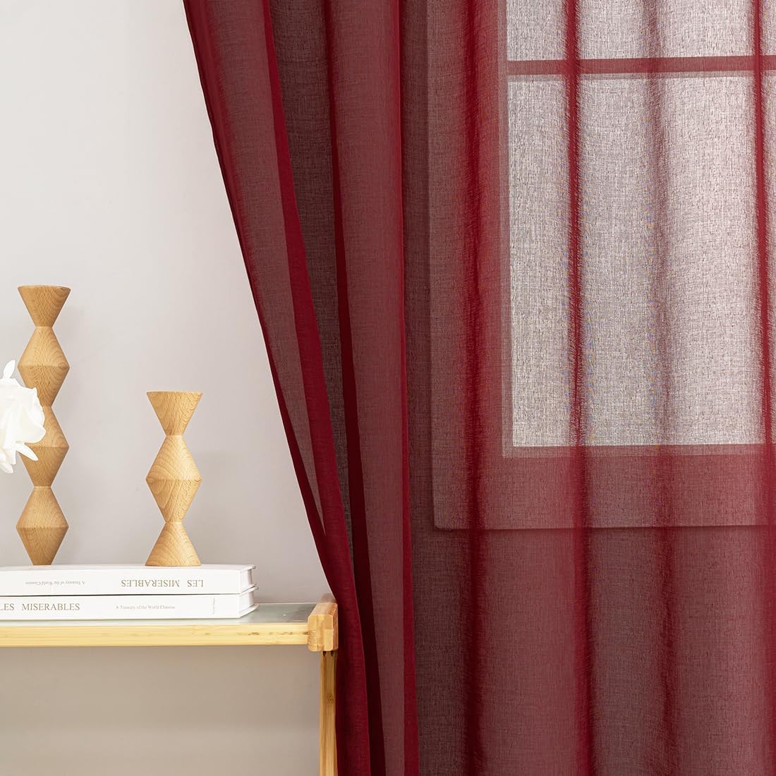 Sheer Curtains 84 inch Length 2 Panels Set, Semi Sheer Curtain Drapes, Burgundy