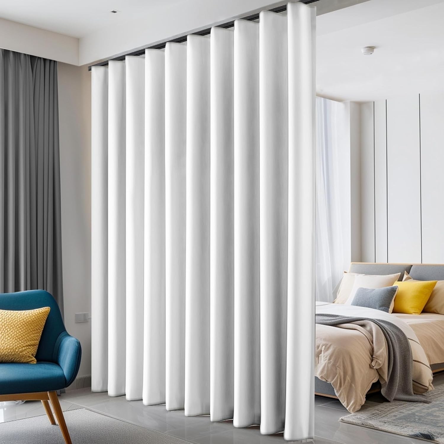 Blackout Room Divider Curtains with Track, Soundproof Greyish White, W180 H108 I