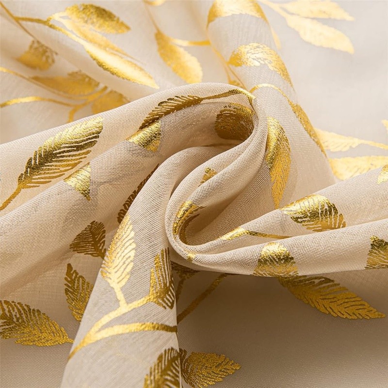Luxury Sheer Curtains Leaf Pattern Gold Bronzing Window Drapes 2 Panels New