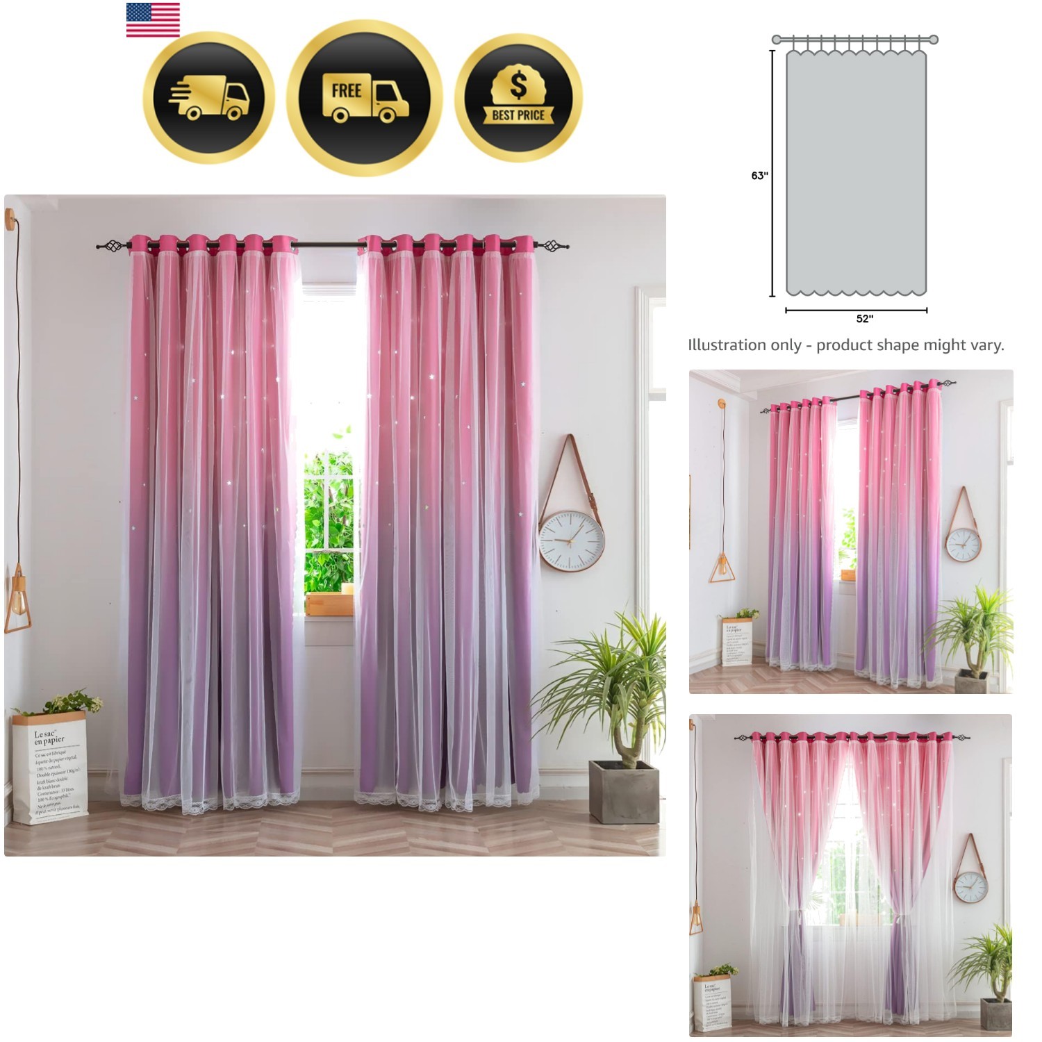 Kids Curtains for Girls Bedroom Princess Curtains for Daughter Room 63 Inches…