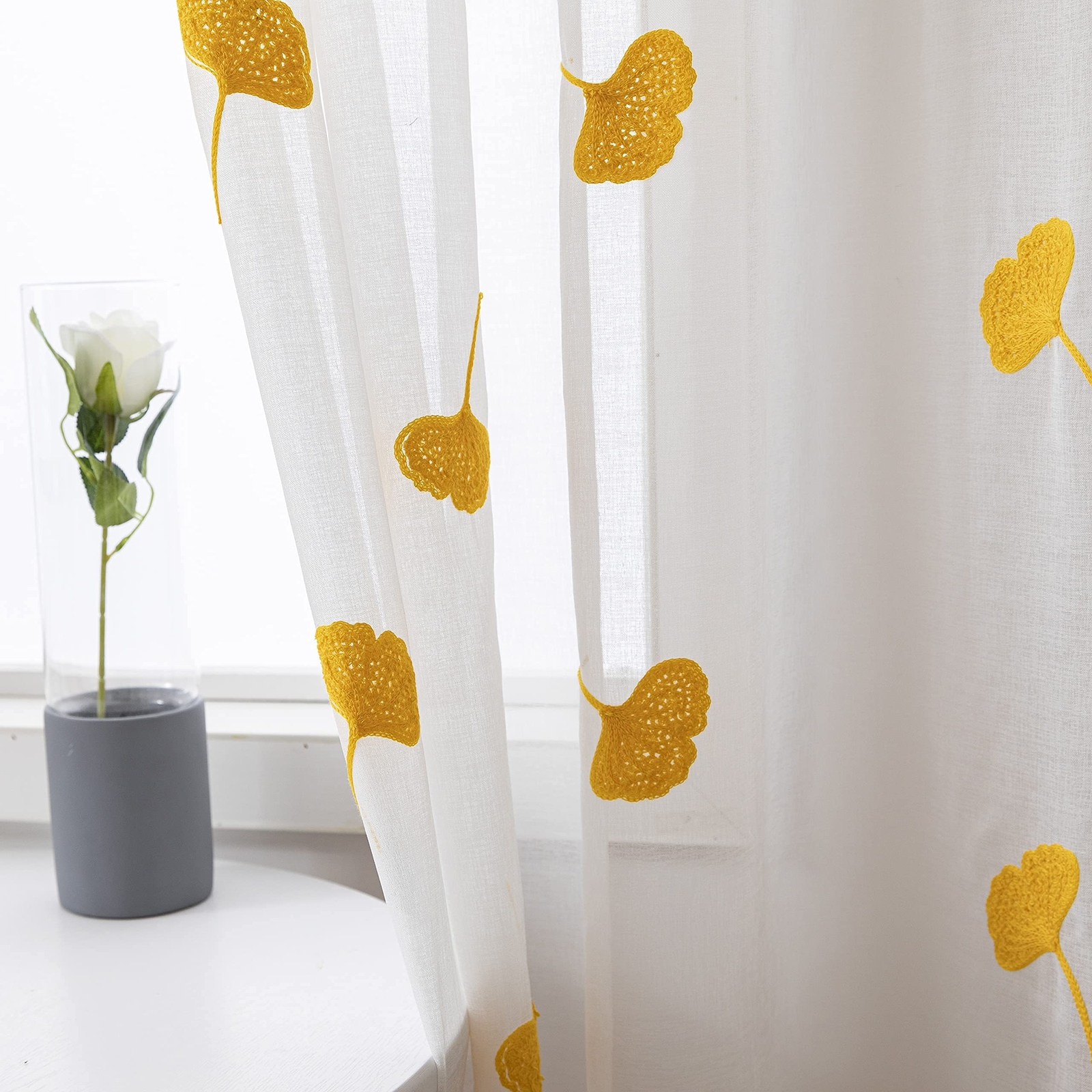 Yellow Sheer Curtains 84 Inches Long Embroidered Leaf Patterned Linen Look Fl…