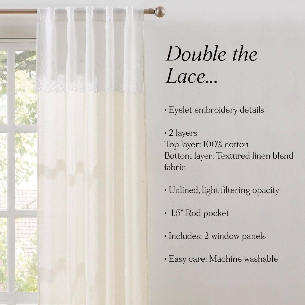Brigitte Eyelet Scalloped Edge Neutral Faux Linen 38 In. W X 84 In. L Rod Pocket