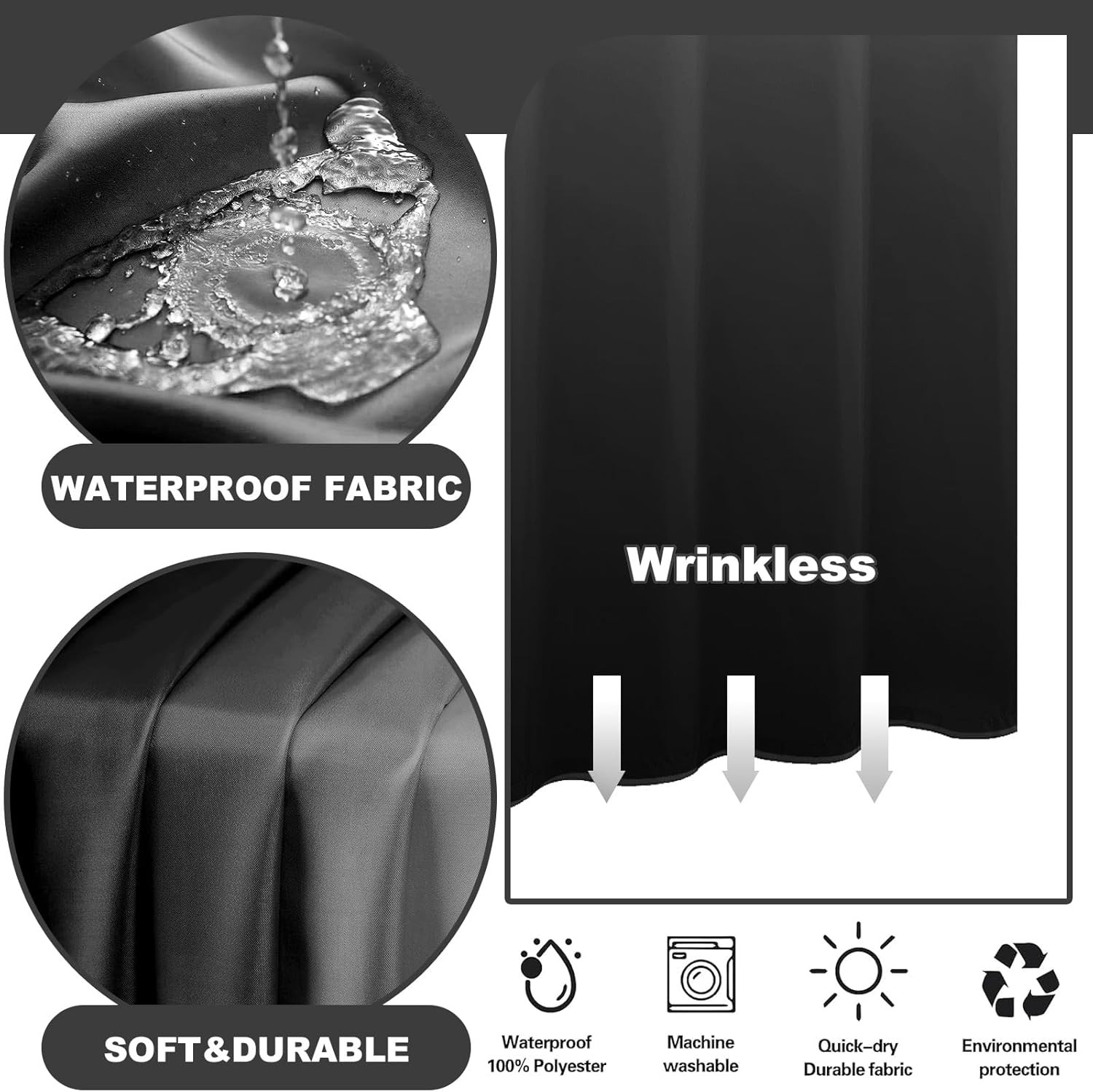 No Hook Shower Curtain with Snap in Liner, Black and White Shower Curtains and
