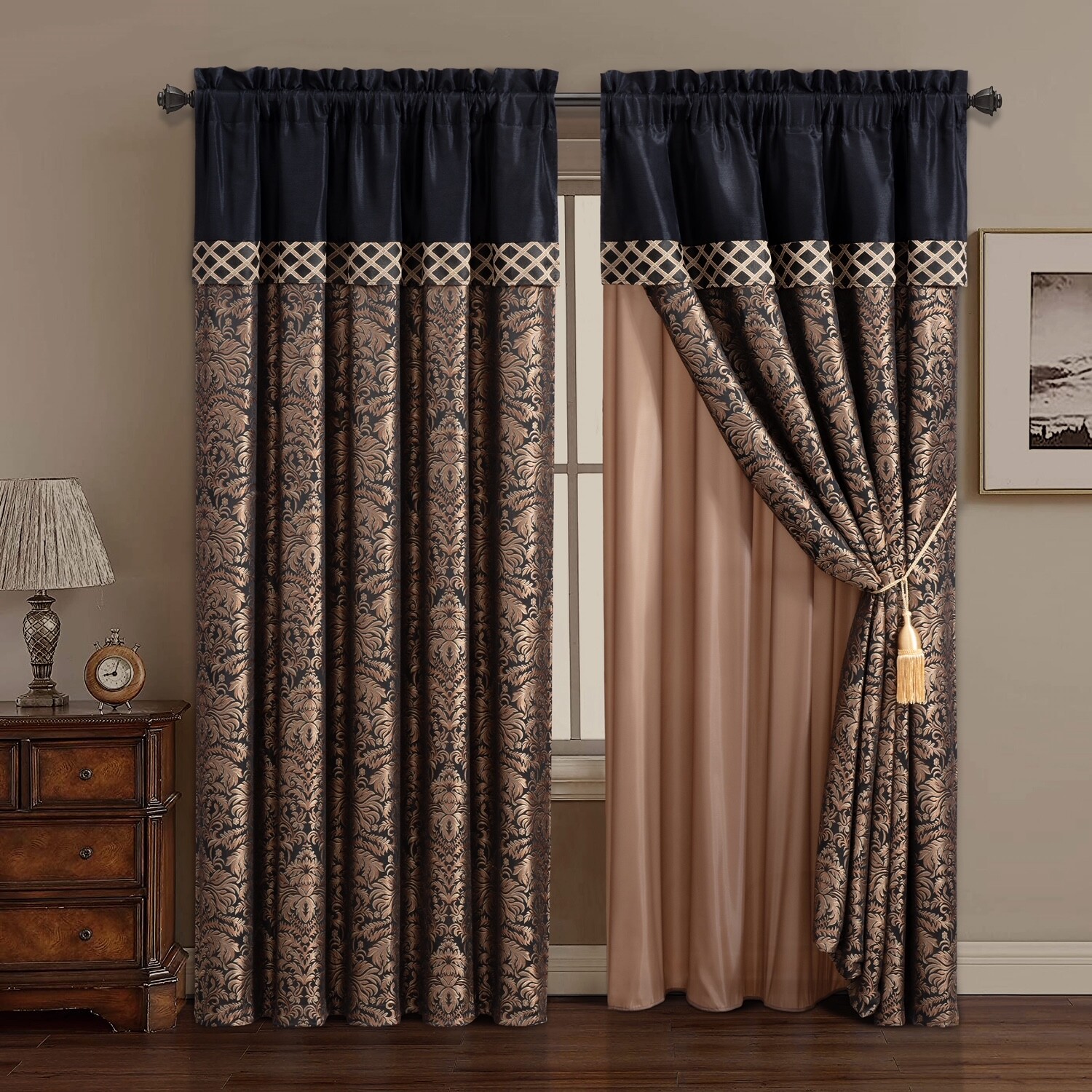 Chezmoi Collection Lisbon 4-piece Black/Gold Jacquard Floral Window Curtain Set