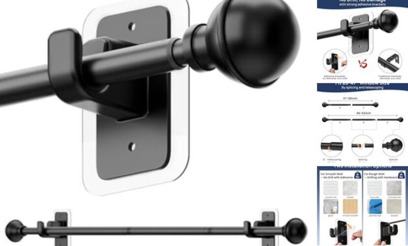 No Drill Curtain Rods for Window 28 to 47 Inches, 5/8 Inch 27-52″ Black