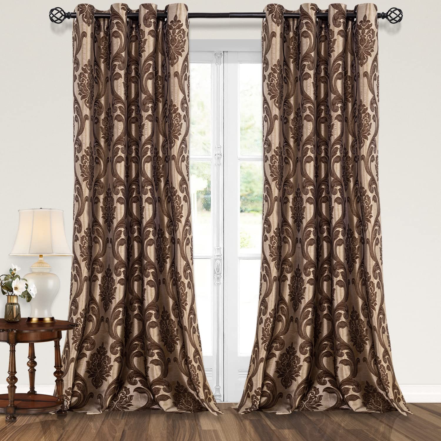 Brown Damask Curtains-Luxury Curtains for Living Room, Jacquard Curtains Drap…