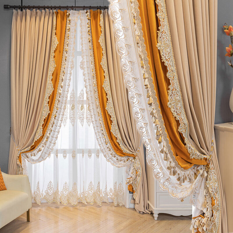 high grade thick beige match orange villa velvet cloth curtain tulle drape C1229