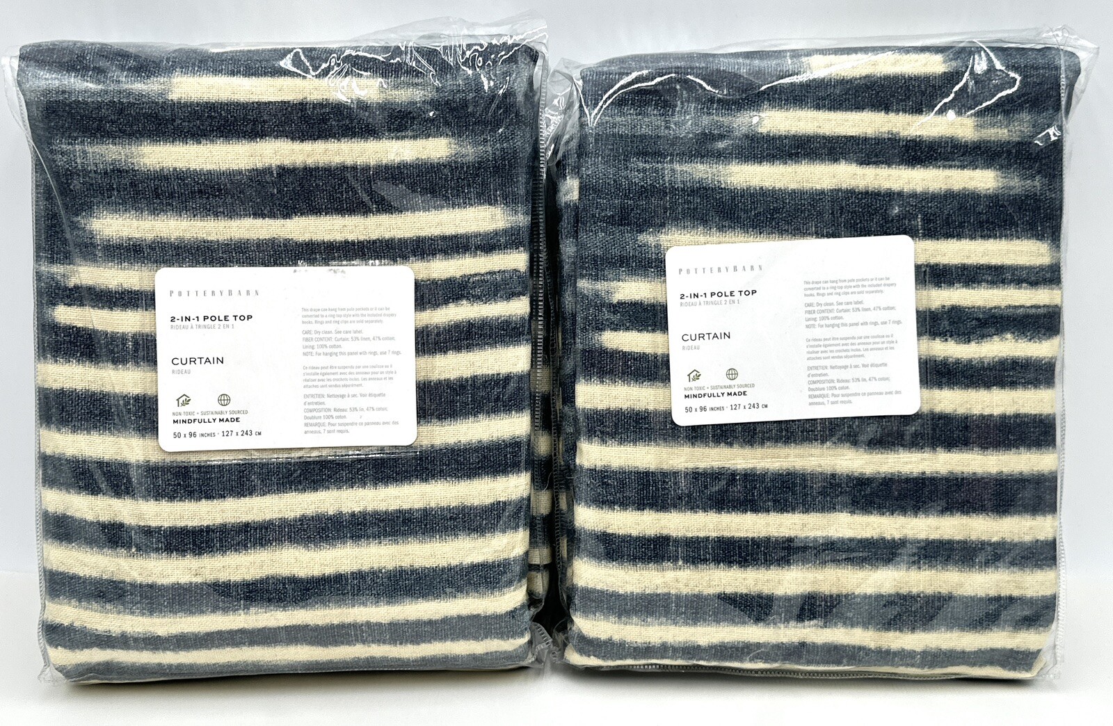 New~Pottery Barn~2 Shibori Diamond Linen Cotton Rod Pocket Curtains~50×96~Blue