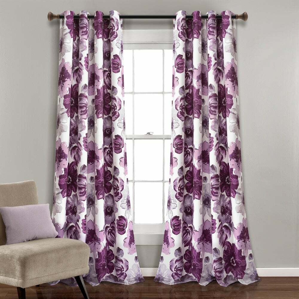 Set 2 Purple Gray White Floral Curtains Panels Drapes 63 84 95 108 in Darkening