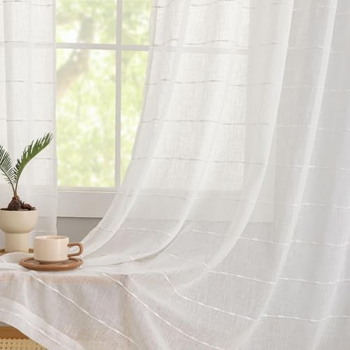 Faux Linen Curtains 90 inches Long for Living 52″W x 90″L (Pack of 2) White