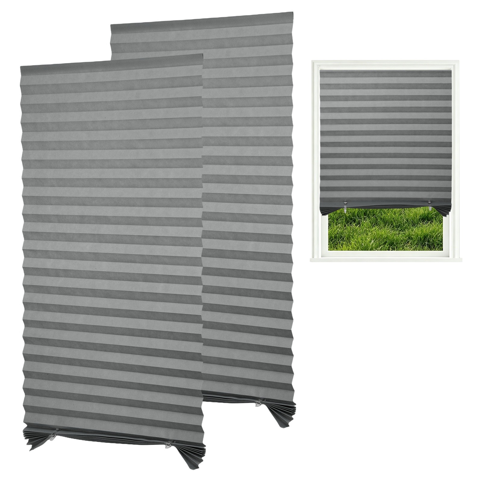 2 Pack 23.6 x 59 Inch Temporary Window Pleated Blinds with 4 Clips, Dark Gray