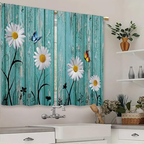 Farmhouse Teal Daisy Kitchen Curtains 27.5″W x 39″L (Pack of 2) 11_teal_daisy