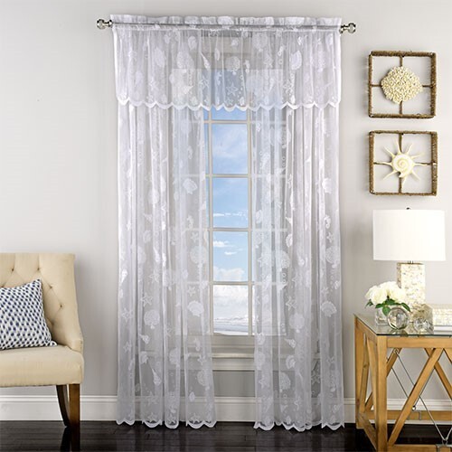 Reef Sea Shell Scenic Lace Curtains (56”W x 84 H) with Valance (56 W x 16″H)