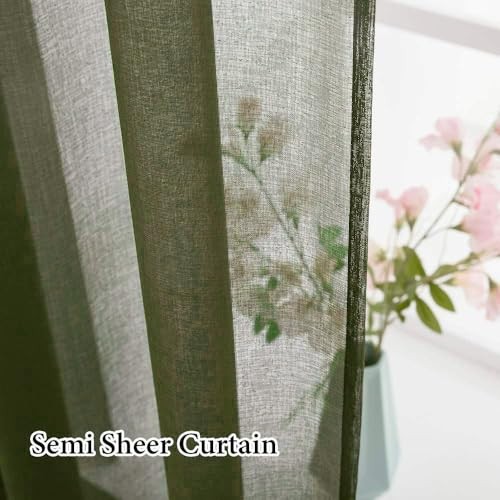 Olive Green Linen Textured Sheer Curtains for Bedroom Living Room, Semi