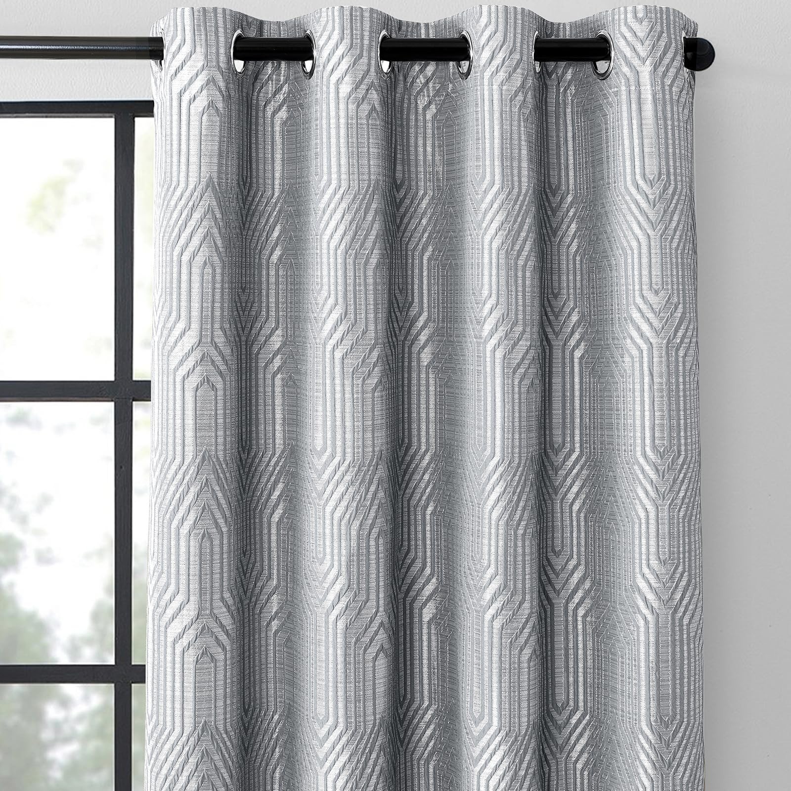 Light Grey and Silvery 100% Blackout Jacquard Geometric Pattern Curtains,52 I…