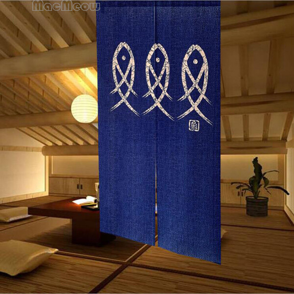 Japanese Noren Door Curtain Blue Three Fish Doorway Room Tapestry Home Decor NEW