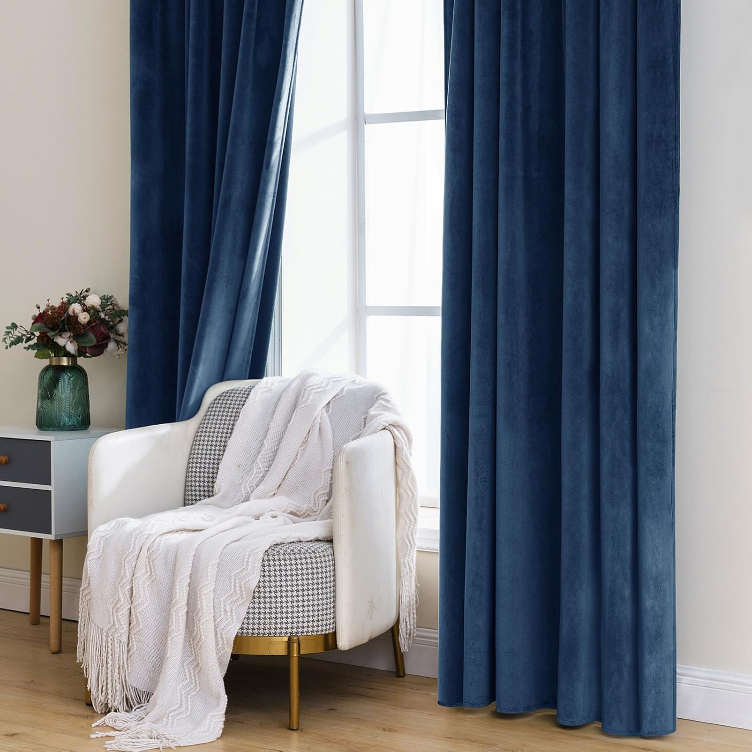 Luxury Navy Blue Velvet Blackout Curtains 90 Inches, 2 Panels