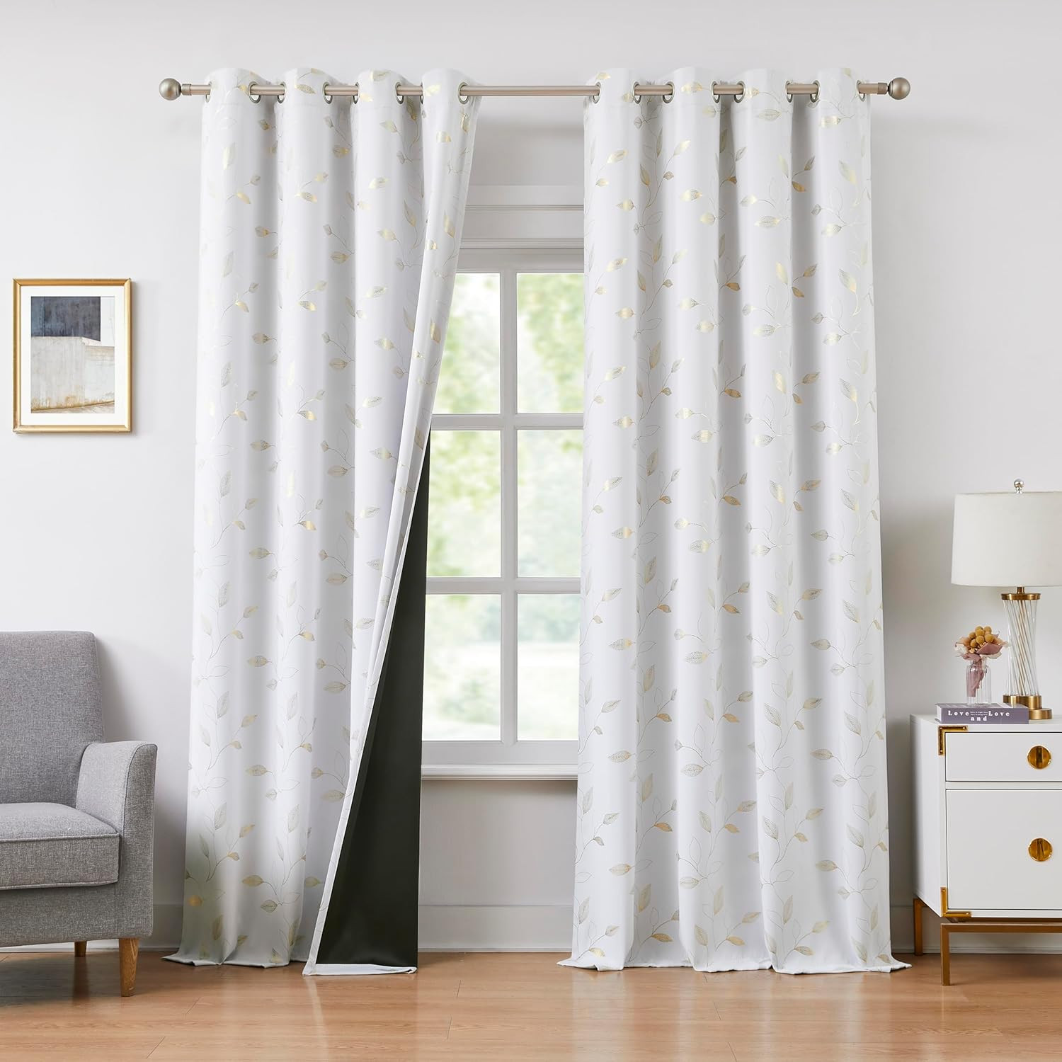 Gold White Full Blackout Curtains Print Leaf Patterned Room Darkening Drapes 84
