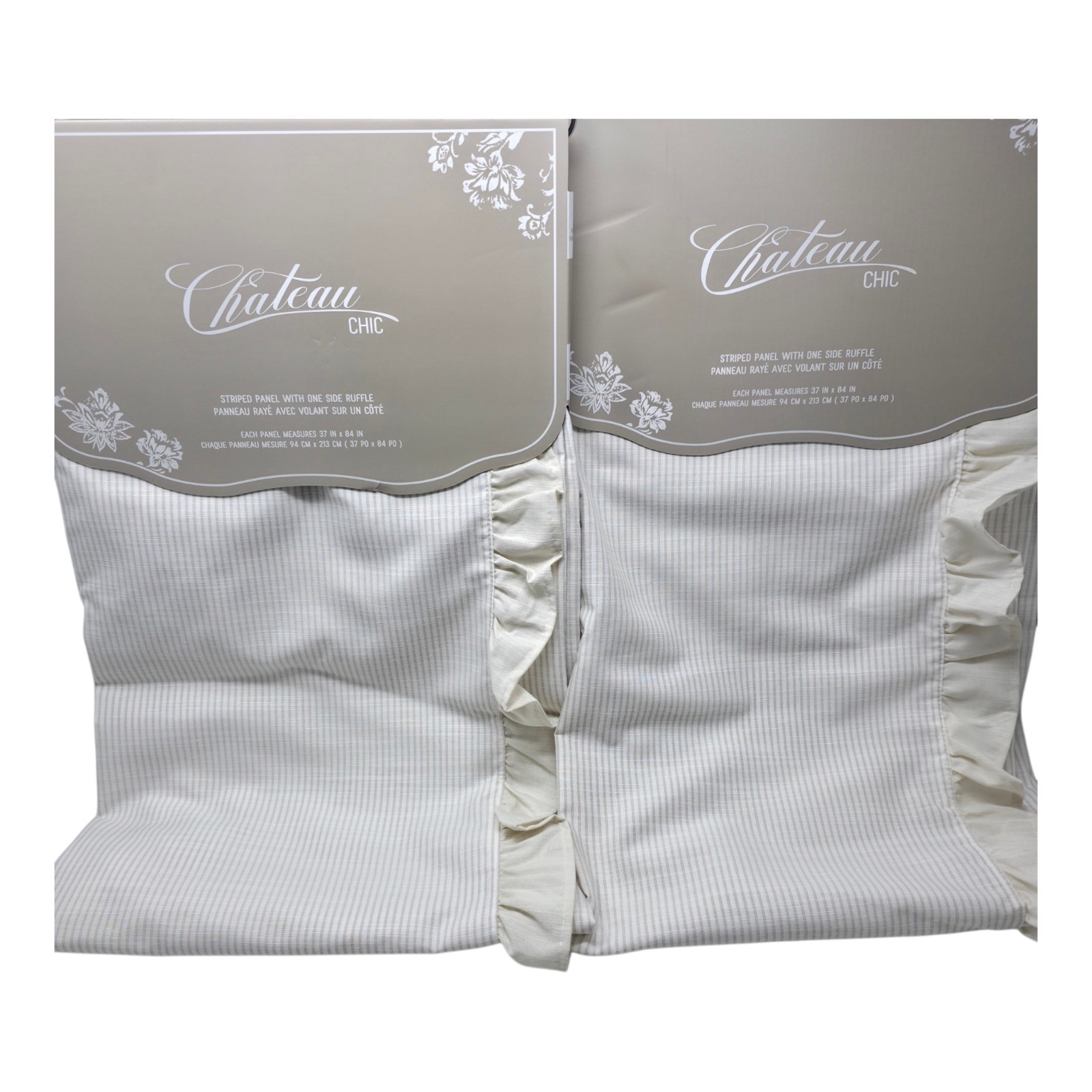 Chateau Chic Set Of 4 Stripe Ruffle Curtain Panels 38×84 Ivory Farmhouse NEW