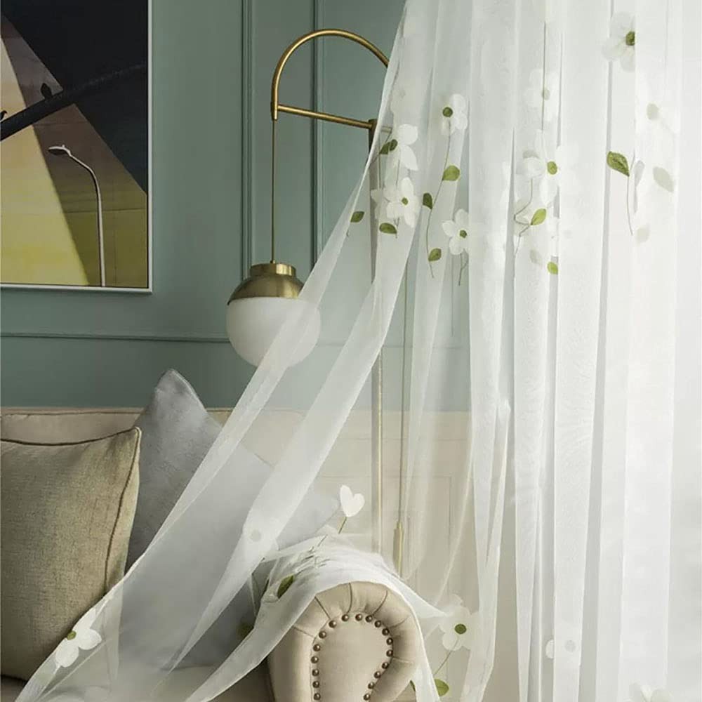 Set of 2 Panels White Magnolia Flower Embroidered Sheer Curtains for Bedroom …
