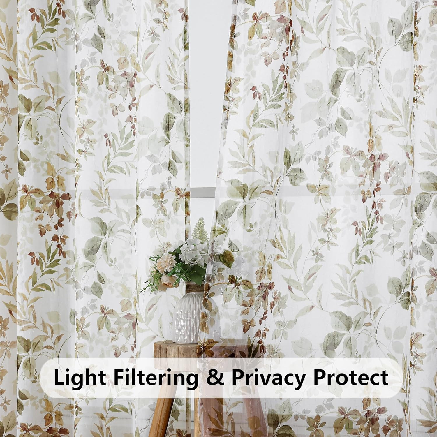 Crushed Semi Sheer Curtains 72 Inch Length 2 Panels Set, Printing Floral Pattern