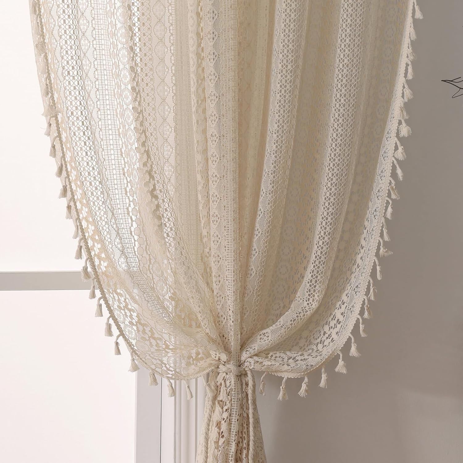Bohemian Cotton Lace Panels – Charming 63 Inch Curtains with Tassels (Set of 2)