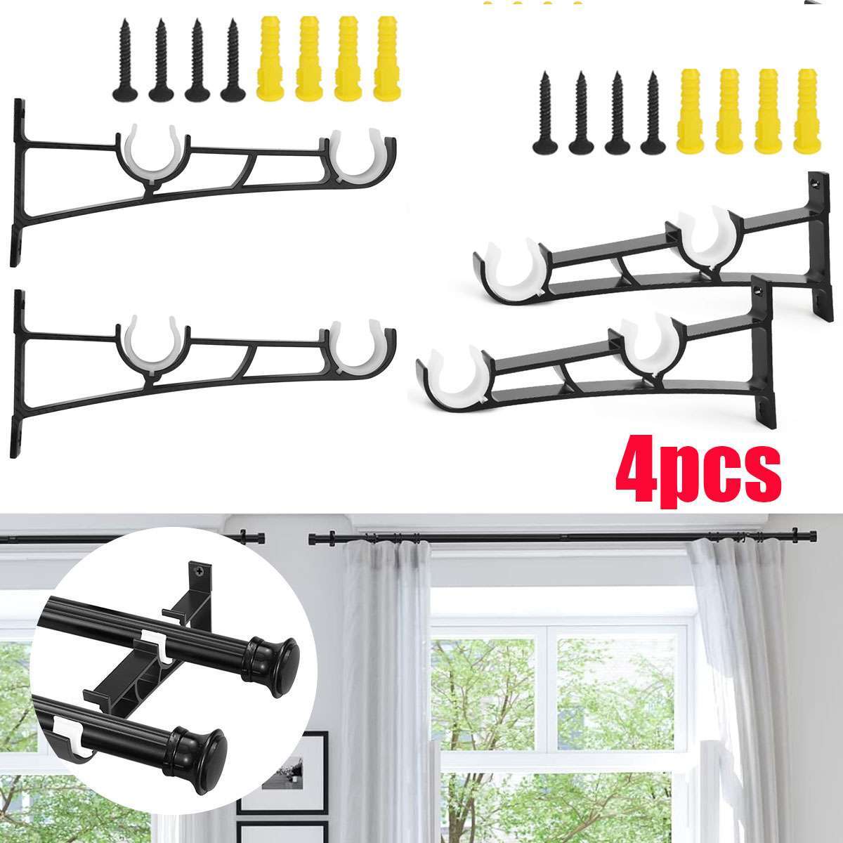 4 PCS Aluminum Alloy Double Curtain Rod Brackets Window Wall Holders for Drapery