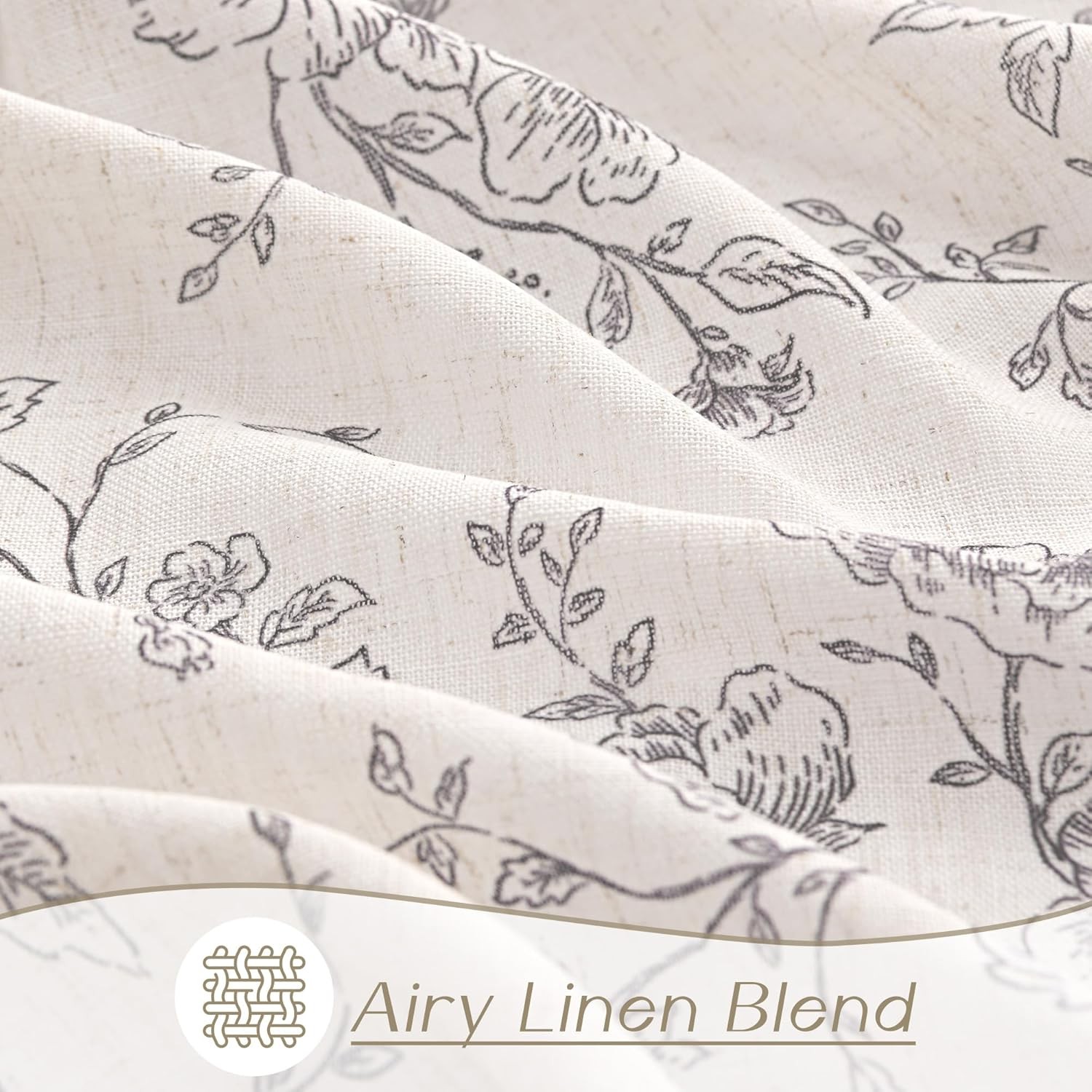 90 Inch Beige Floral Linen Curtains 2 Panels