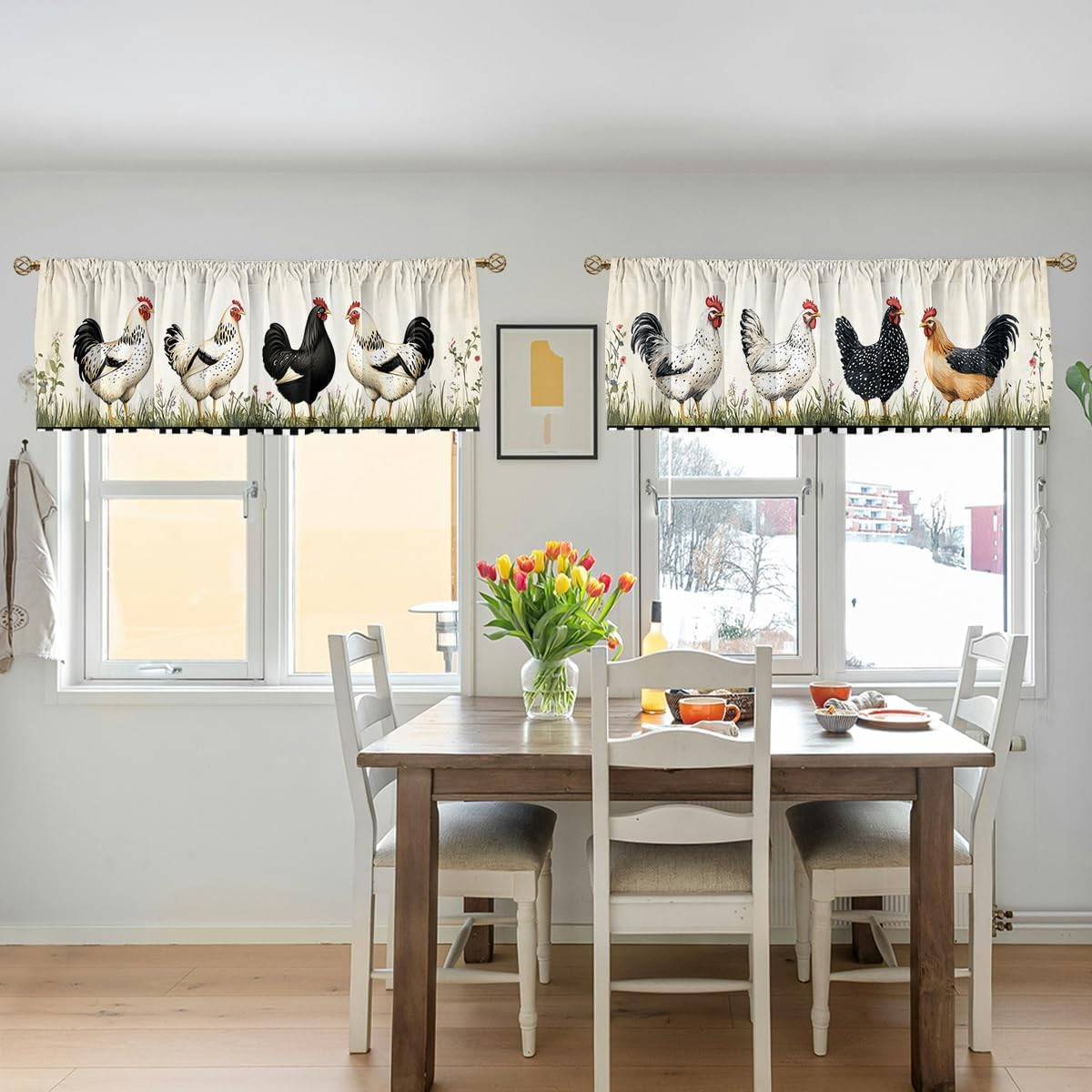 Rooster Curtain Valance for Windows 2 Pack Cartoon Farmhouse Chicken Black White